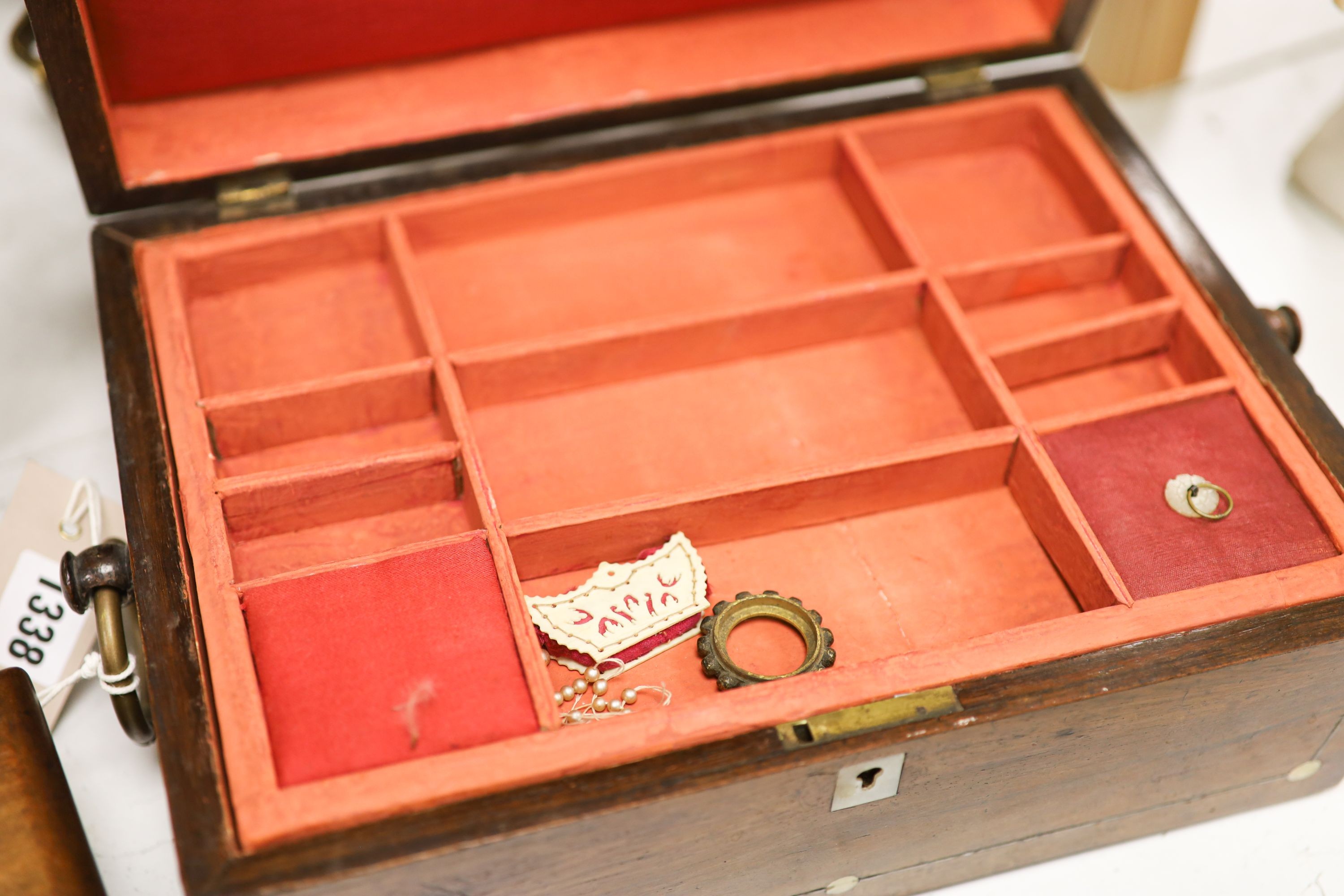 A Regency cut brass inlaid rosewood sewing box and three other boxes